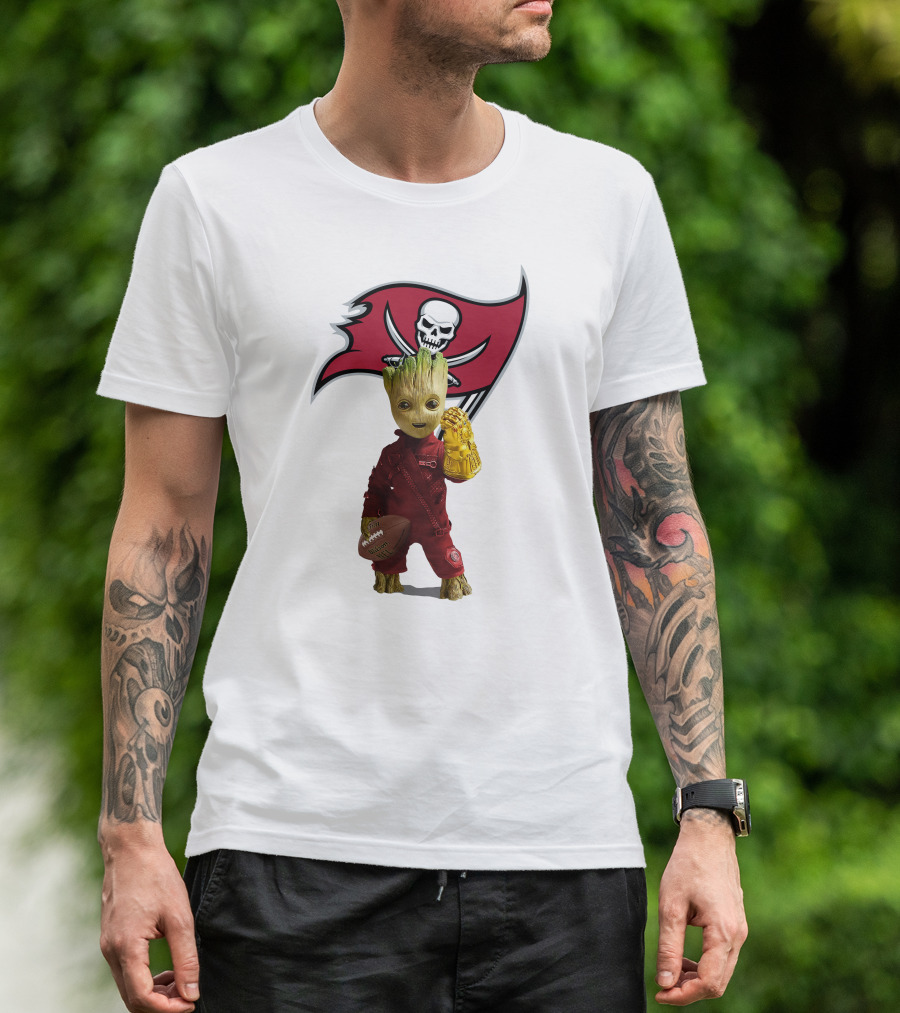 Groot Holding Football With Tampa Bay Buccaneers T-Shirt