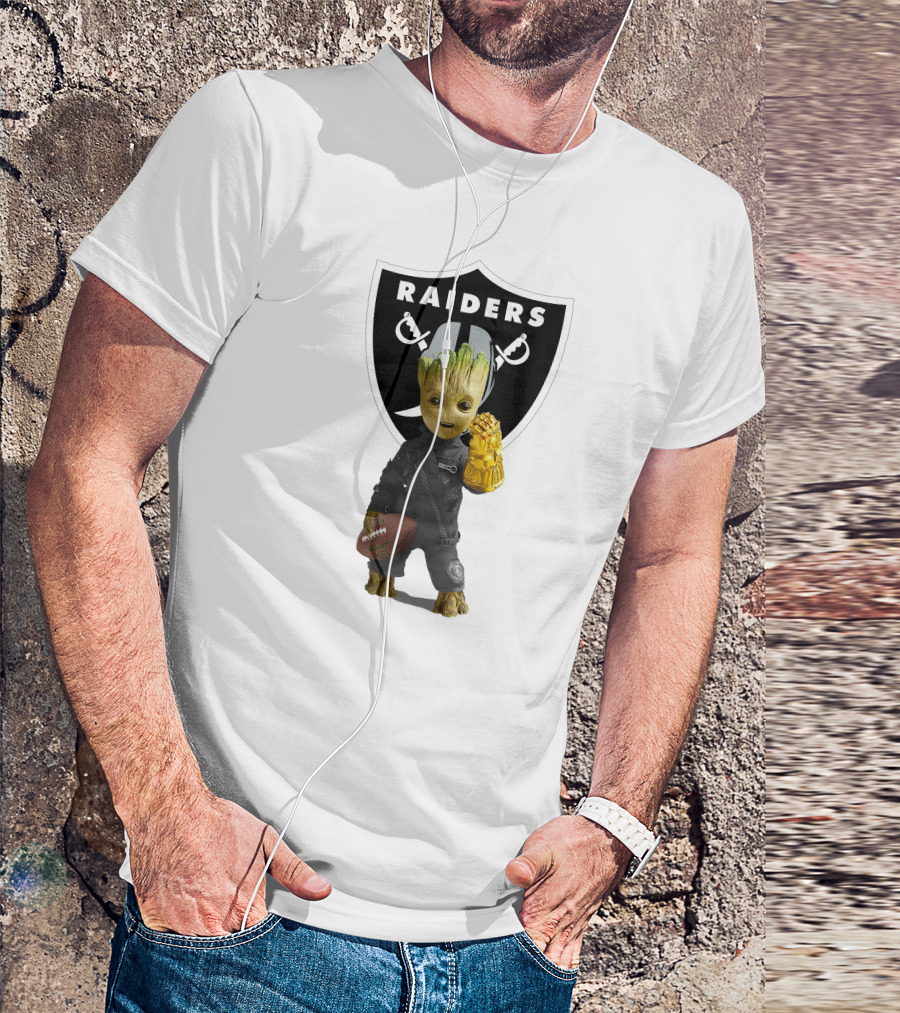 Las Vegas Raiders Groot Holding Football With Gauntlet In Front Of Raiders T-Shirt
