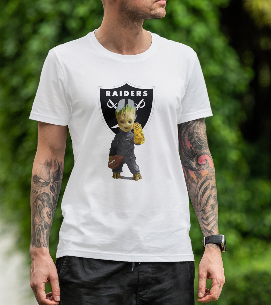 Las Vegas Raiders Groot Holding Football With Gauntlet In Front Of Raiders T-Shirt