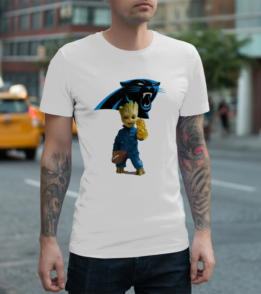 Carolina Panthers Groot Football Infinity Gauntlet Crossover T-Shirt