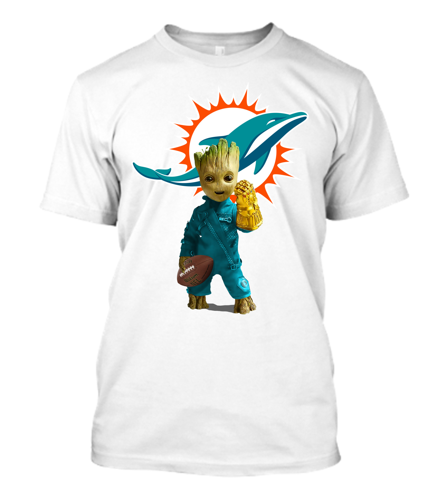 Miami Dolphins Groot Holding Football And Infinity Gauntlet T-Shirt
