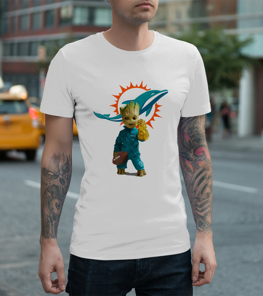 Miami Dolphins Groot Holding Football and Infinity Gauntlet T-Shirt