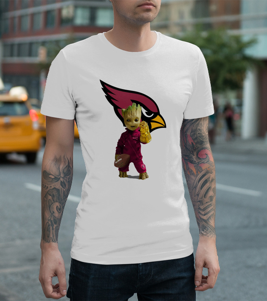 Arizona Cardinals Groot Holding Football and Infinity Gauntlet T-Shirt