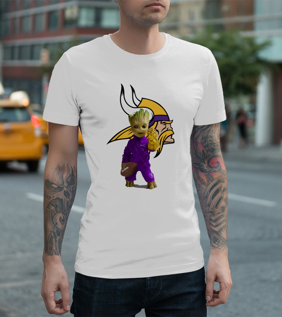 Minnesota Vikings Groot Holding Football And Infinity Gauntlet T-Shirt