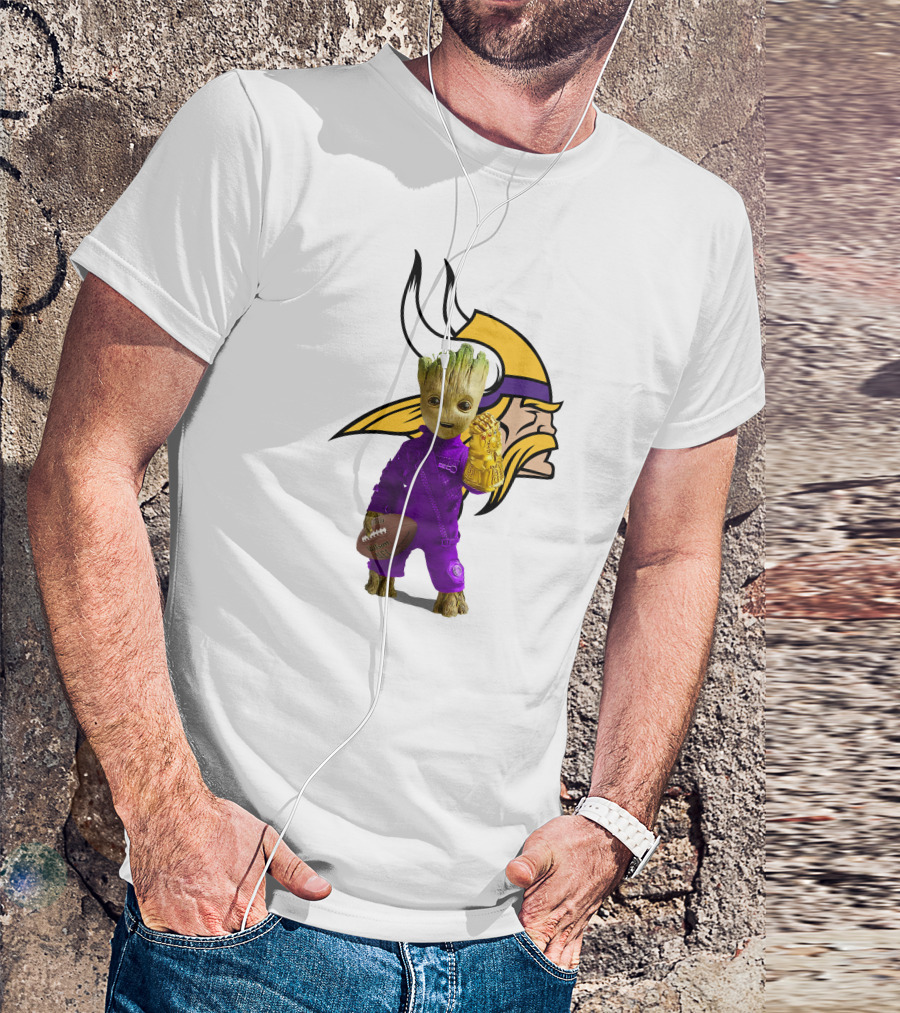 Minnesota Vikings Groot Holding Football And Infinity Gauntlet T-Shirt