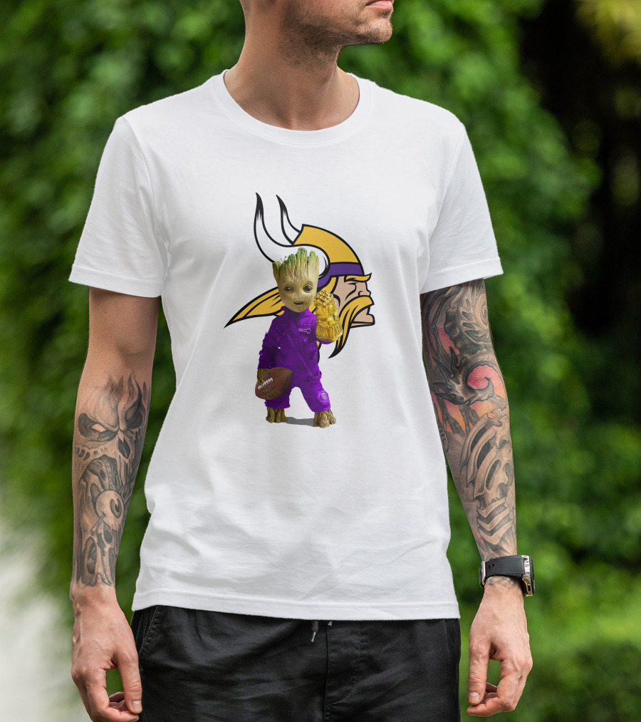 Minnesota Vikings Groot Holding Football And Infinity Gauntlet T-Shirt