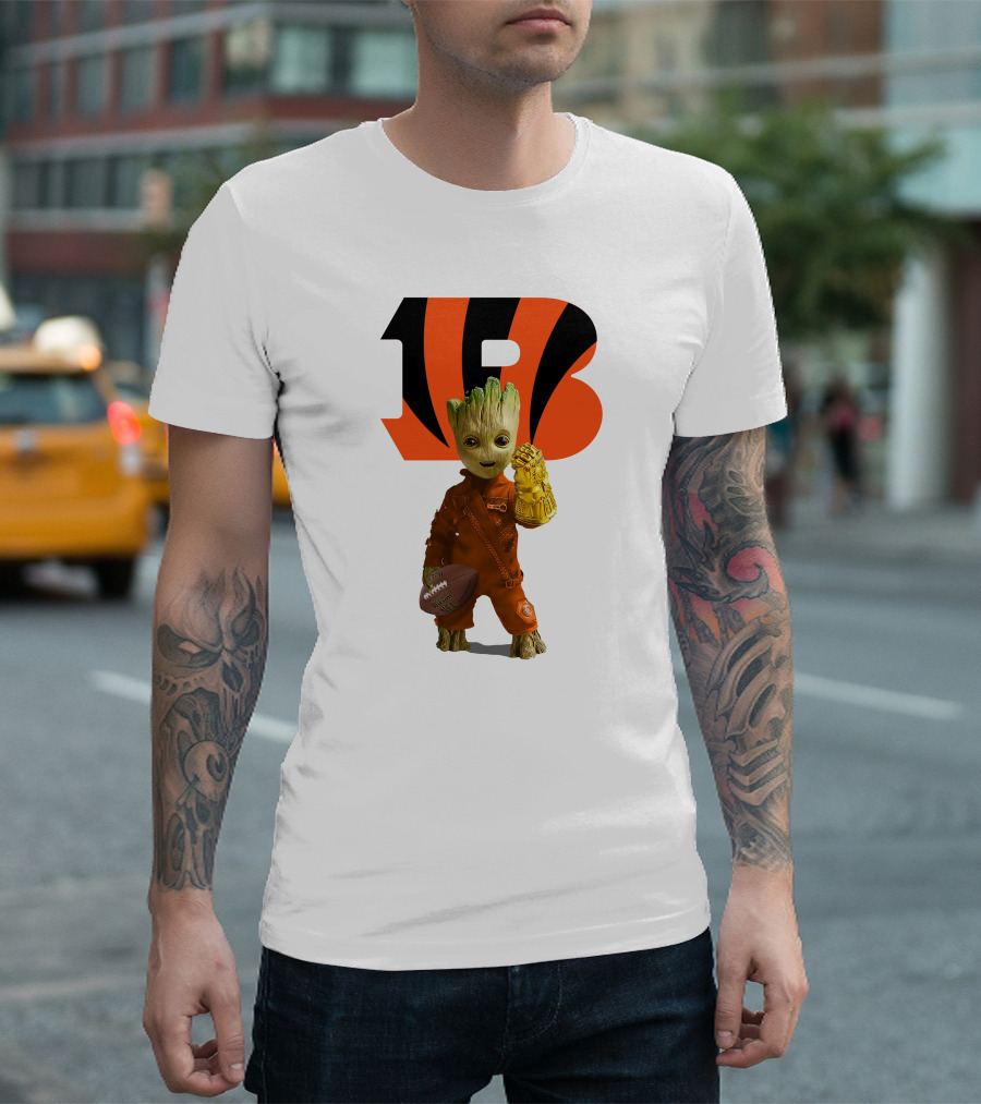 Cincinnati Bengals Groot Holding Football With Infinity Gauntlet T-Shirt