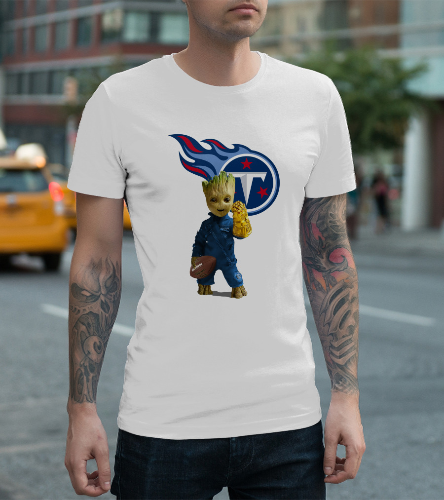 Groot Holding Football Tennessee Titans Logo Infinity Gauntlet T-Shirt