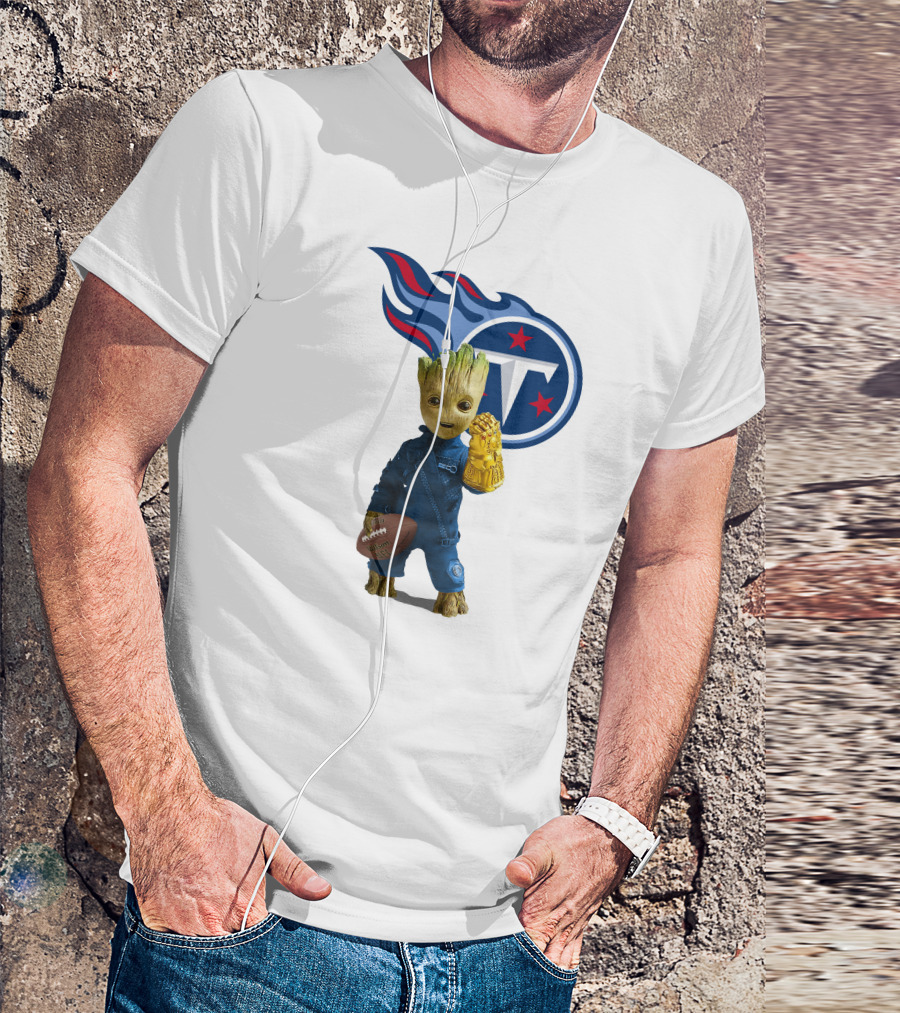 Groot Holding Football Tennessee Titans Logo Infinity Gauntlet T-Shirt