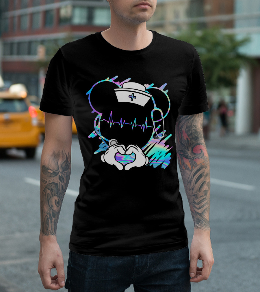 Nurse Disney Mickey Nurse Heartbeat Holographic T-Shirt