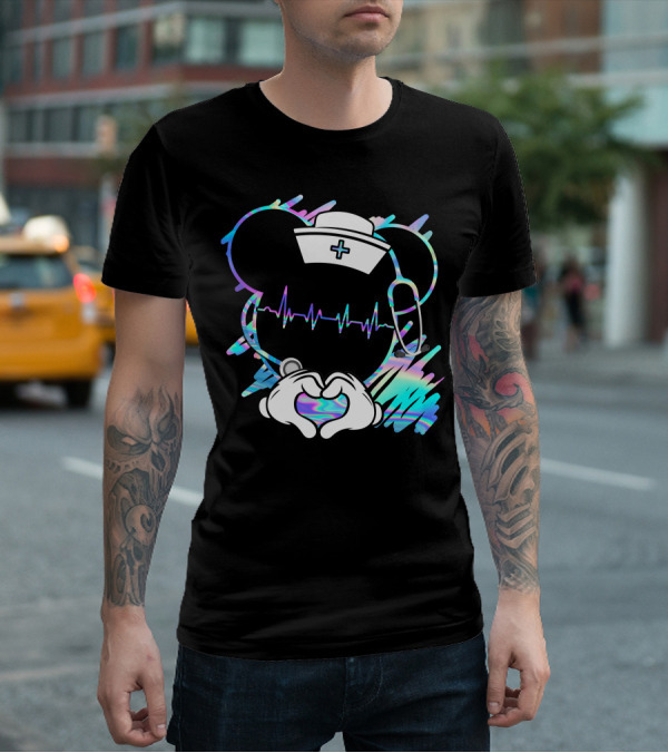 Nurse Disney Mickey Nurse Heartbeat Holographic T-Shirt