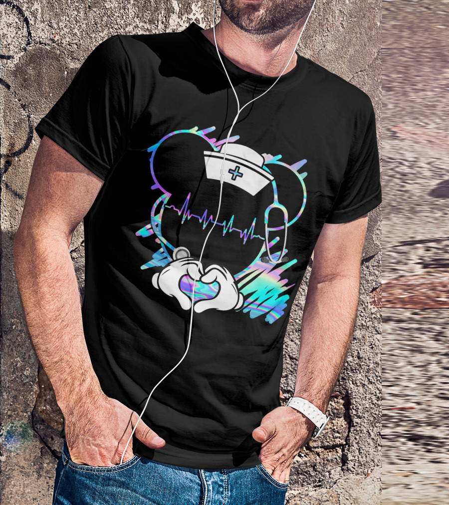 Nurse Disney Mickey Nurse Heartbeat Holographic T-Shirt