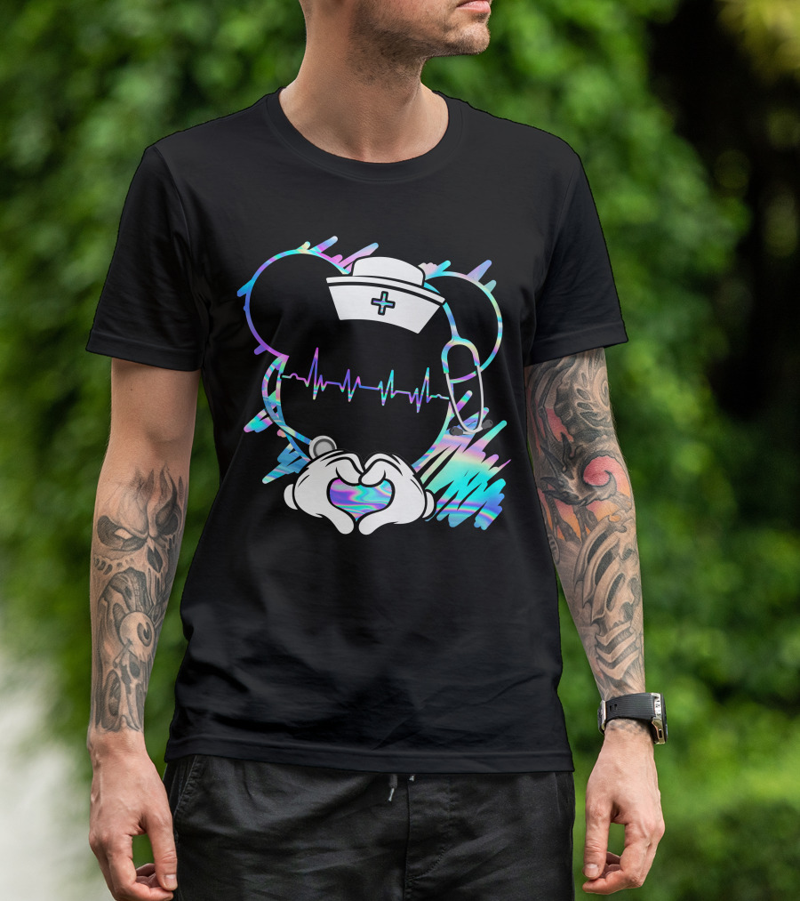 Nurse Disney Mickey Nurse Heartbeat Holographic T-Shirt