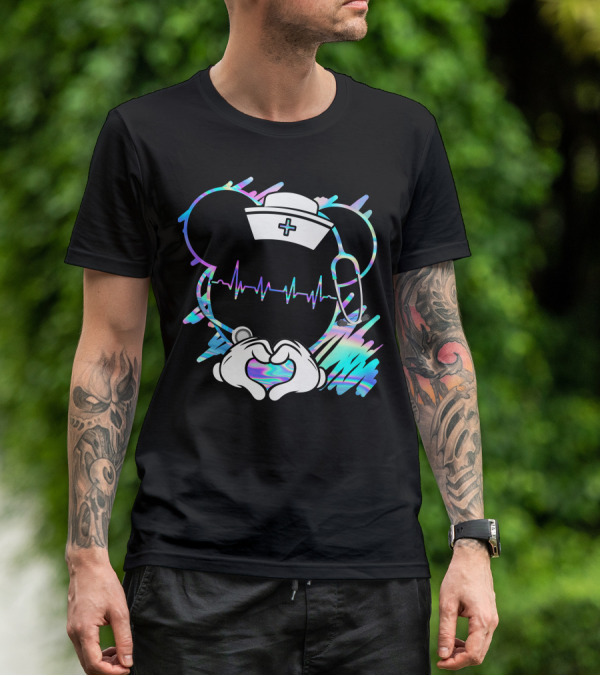 Nurse Disney Mickey Nurse Heartbeat Holographic T-Shirt
