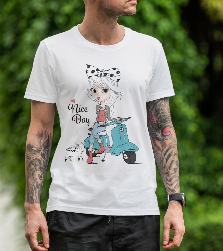 Nice Day Scooter Girl With Polka Dot Bow And Cute Cat T-Shirt