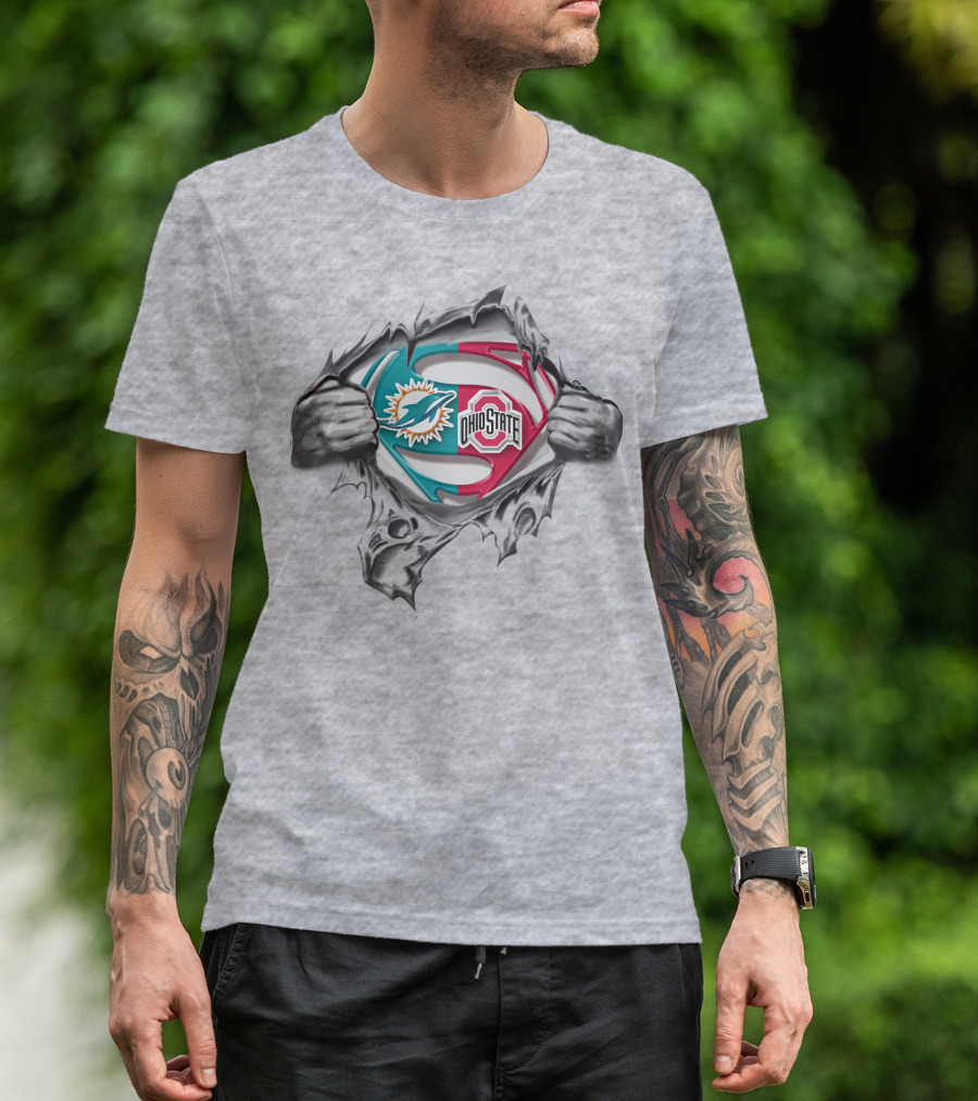 Miami Dolphins Ohio State Buckeyes Superman Logo Crossover T-Shirt