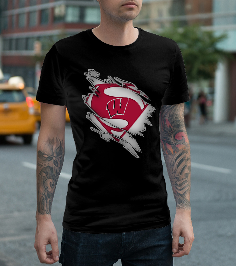 Wisconsin Badgers Super Man Emblem with W Inside Torn Fabric Effect T-Shirt