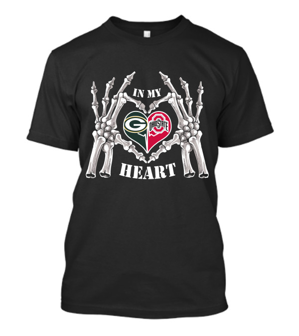 In My Heart Green Bay Packers Ohio State Buckeyes Bone Hands Heart T-Shirt