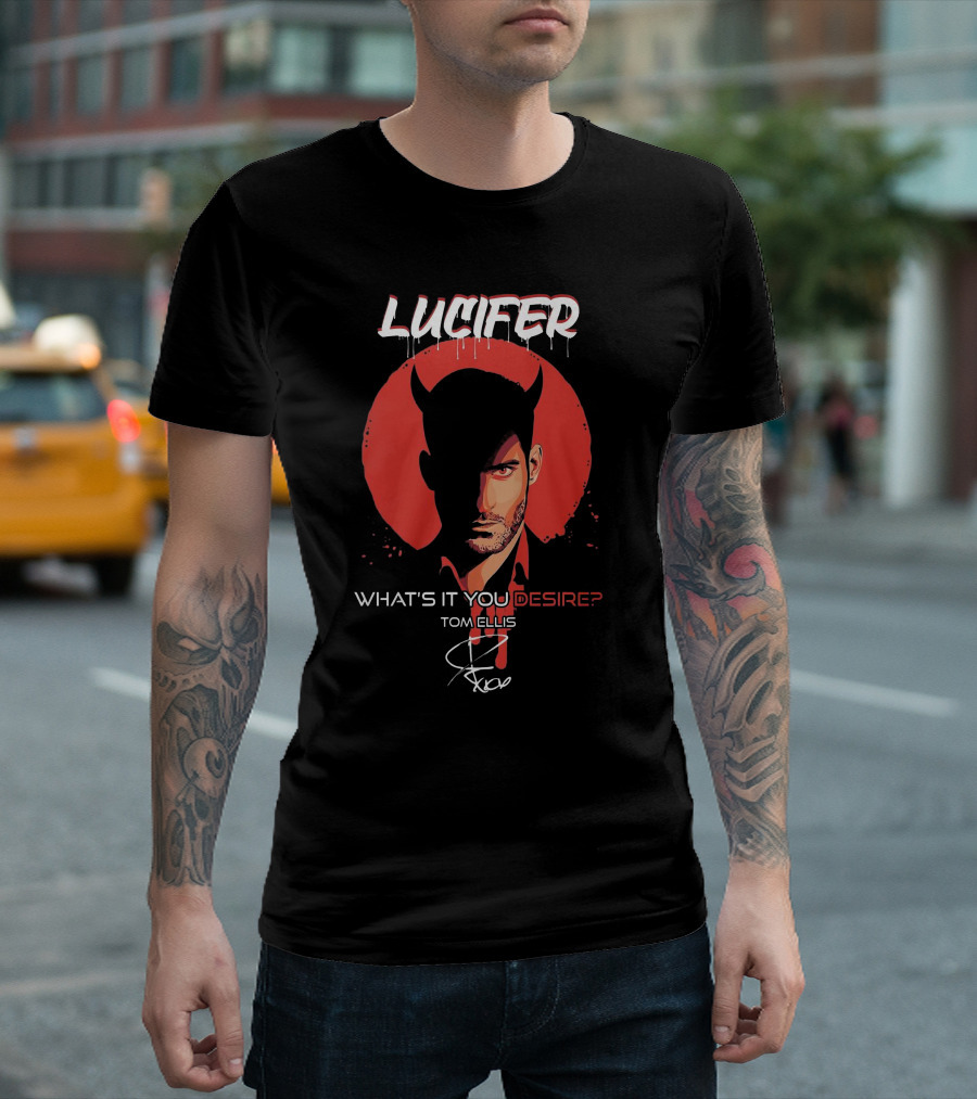 Lucifer What's It You Desire Tom Ellis Red Circle Devil Horns T-Shirt