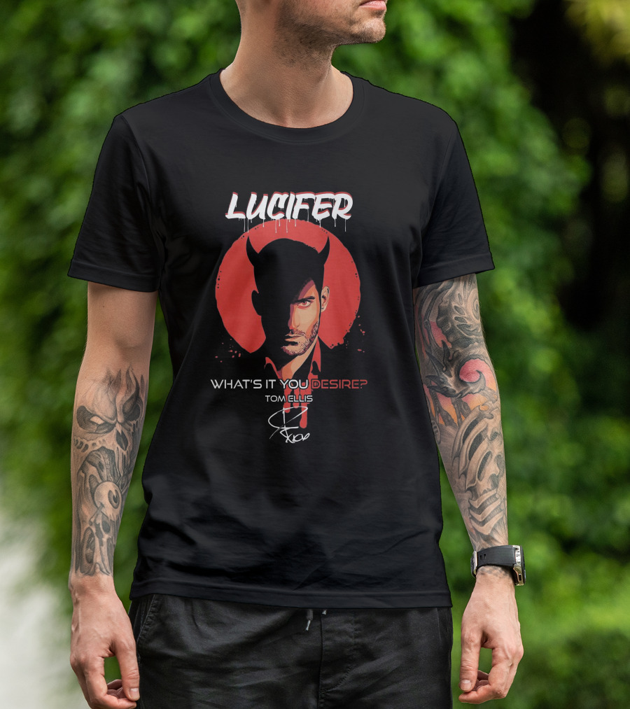 Lucifer What's It You Desire Tom Ellis Red Circle Devil Horns T-Shirt
