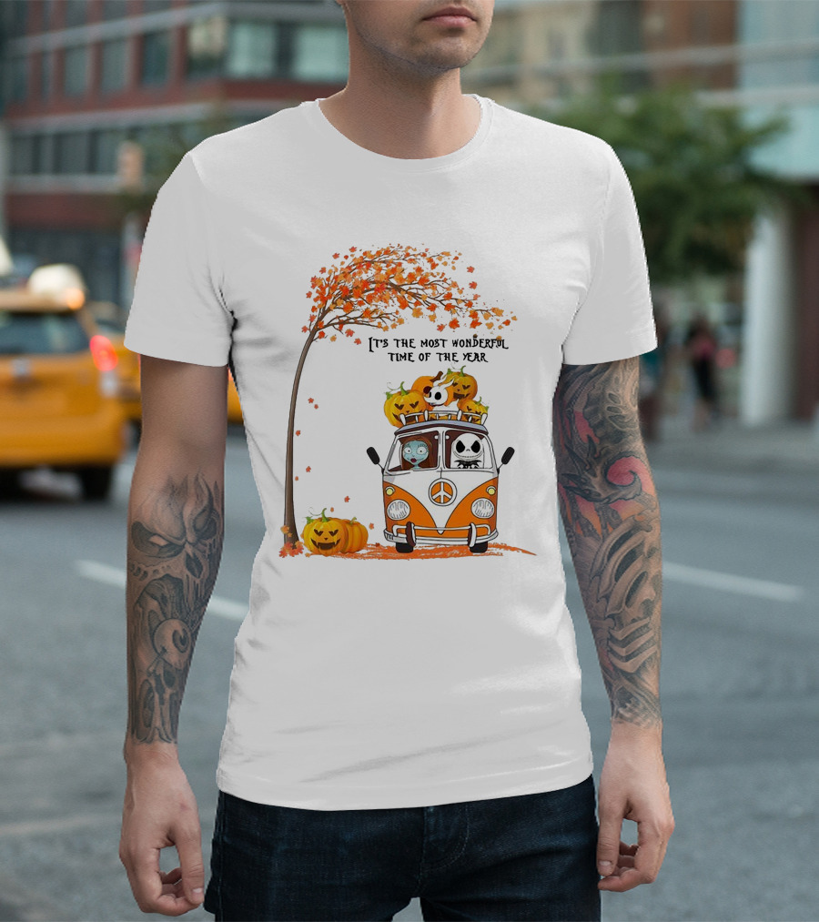 Jack Skellington Pumpkin It's The Most Wonderful Time Of The Year Autumn Van With Pumpkins and Tree T-Shirt