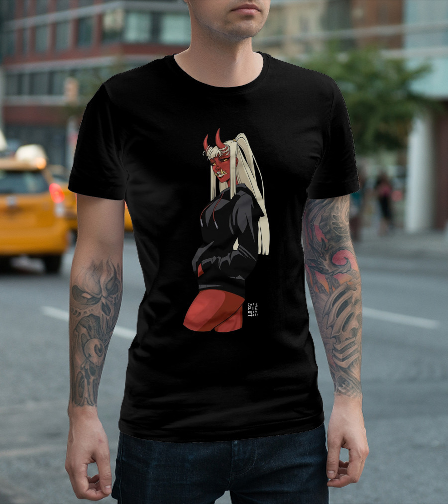 Cutie Pie Sensei X Redpop Oni Chan Demon Girl in Black Hoodie with Red Horns and Long Blonde Hair T-Shirt