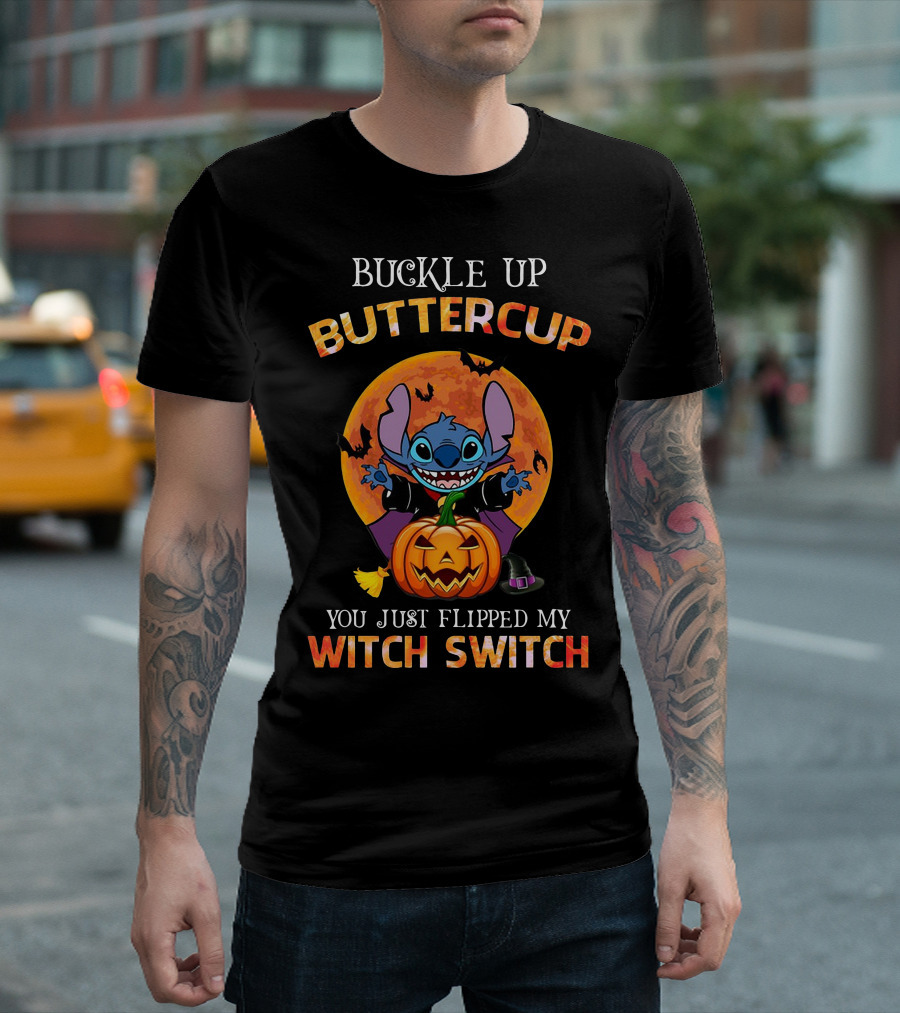 Buckle Up Buttercup Halloween Stitch You Just Flipped My Witch Switch Pumpkin Moon Bats T-Shirt