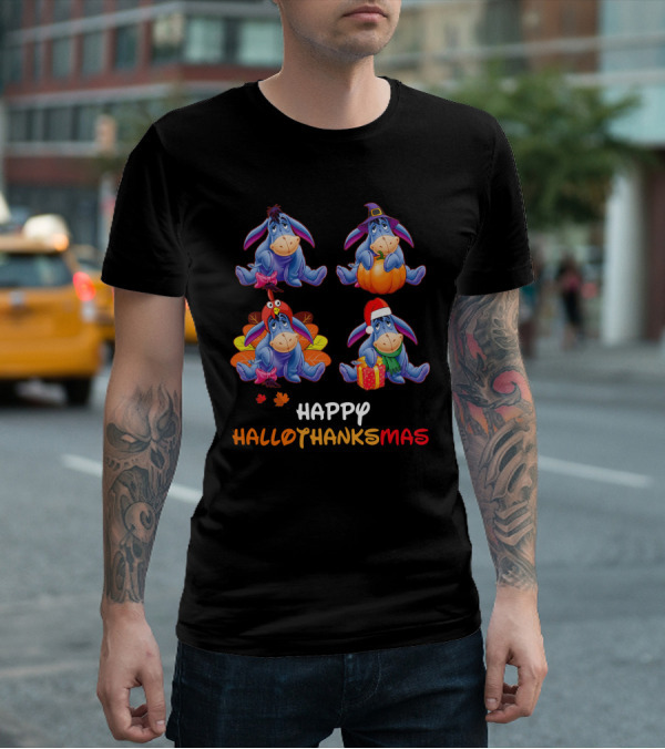 Eeyore Happy Hallothanksmas With Festive Seasonal Teal Accents T-Shirt