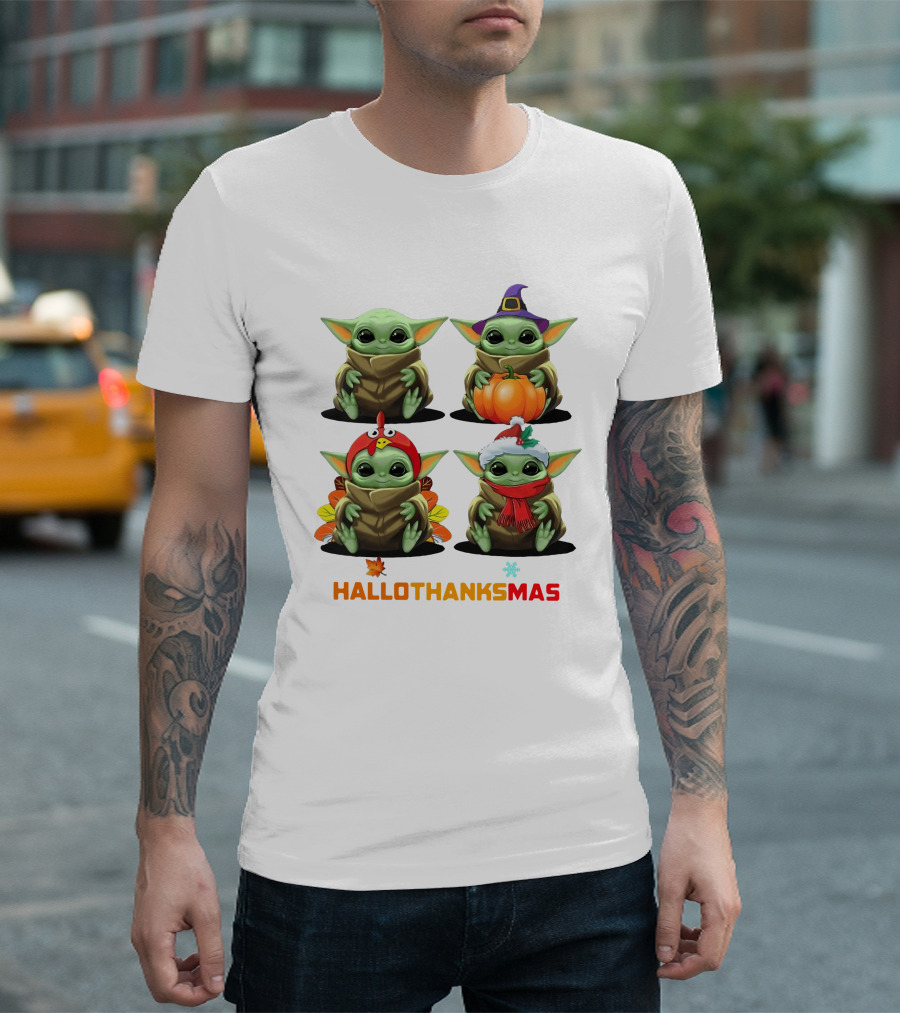 Baby Yoda Halloween Thanksgiving Christmas Happy Hallothanksmas T-Shirt