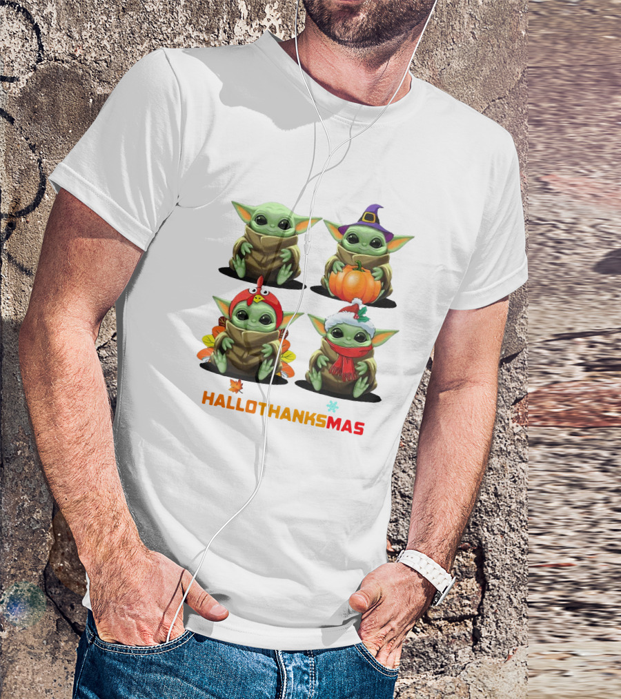 Baby Yoda Halloween Thanksgiving Christmas Happy Hallothanksmas T-Shirt