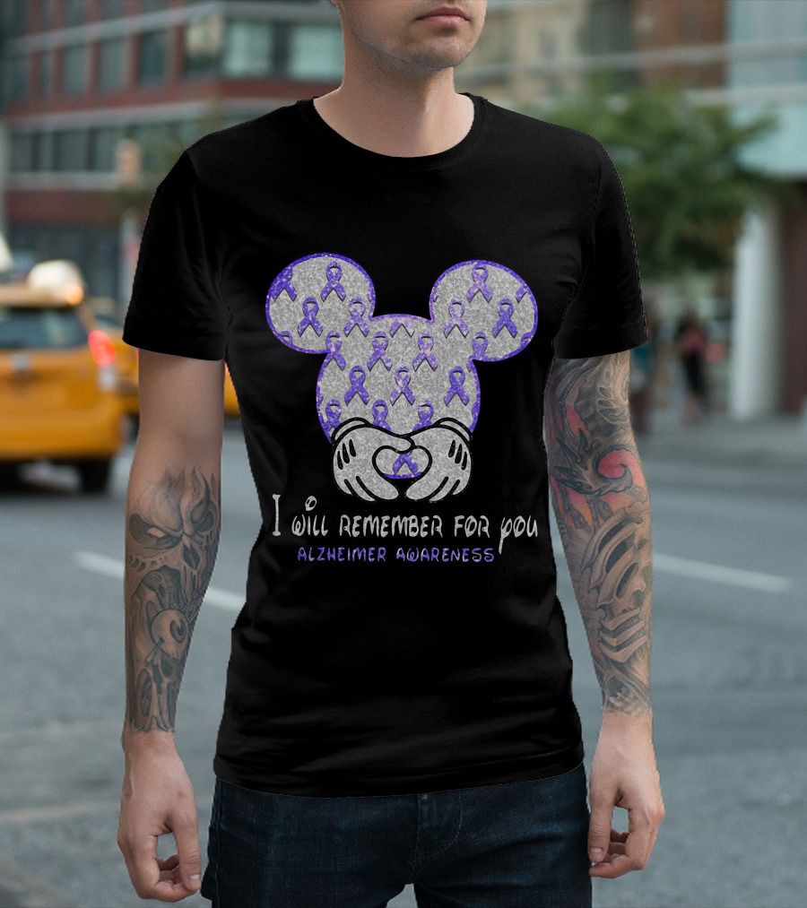 I Will Remember for You Alzheimer Awareness Mickey Pattern with Purple Ribbons T-Shirt