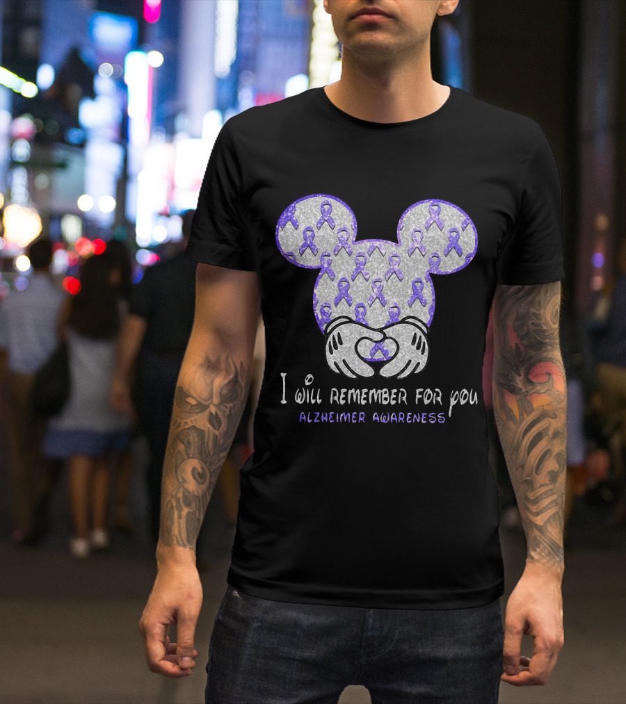 I Will Remember For You Alzheimer Awareness Mickey Pattern With Purple Ribbons T-Shirt