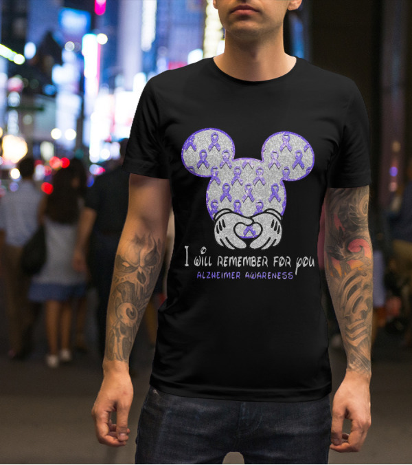I Will Remember For You Alzheimer Awareness Mickey Pattern With Purple Ribbons T-Shirt