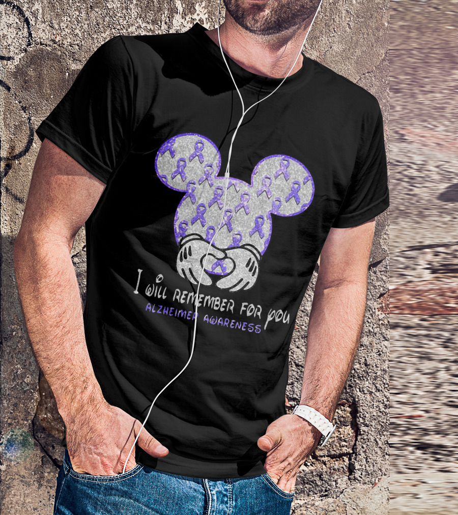 I Will Remember For You Alzheimer Awareness Mickey Pattern With Purple Ribbons T-Shirt