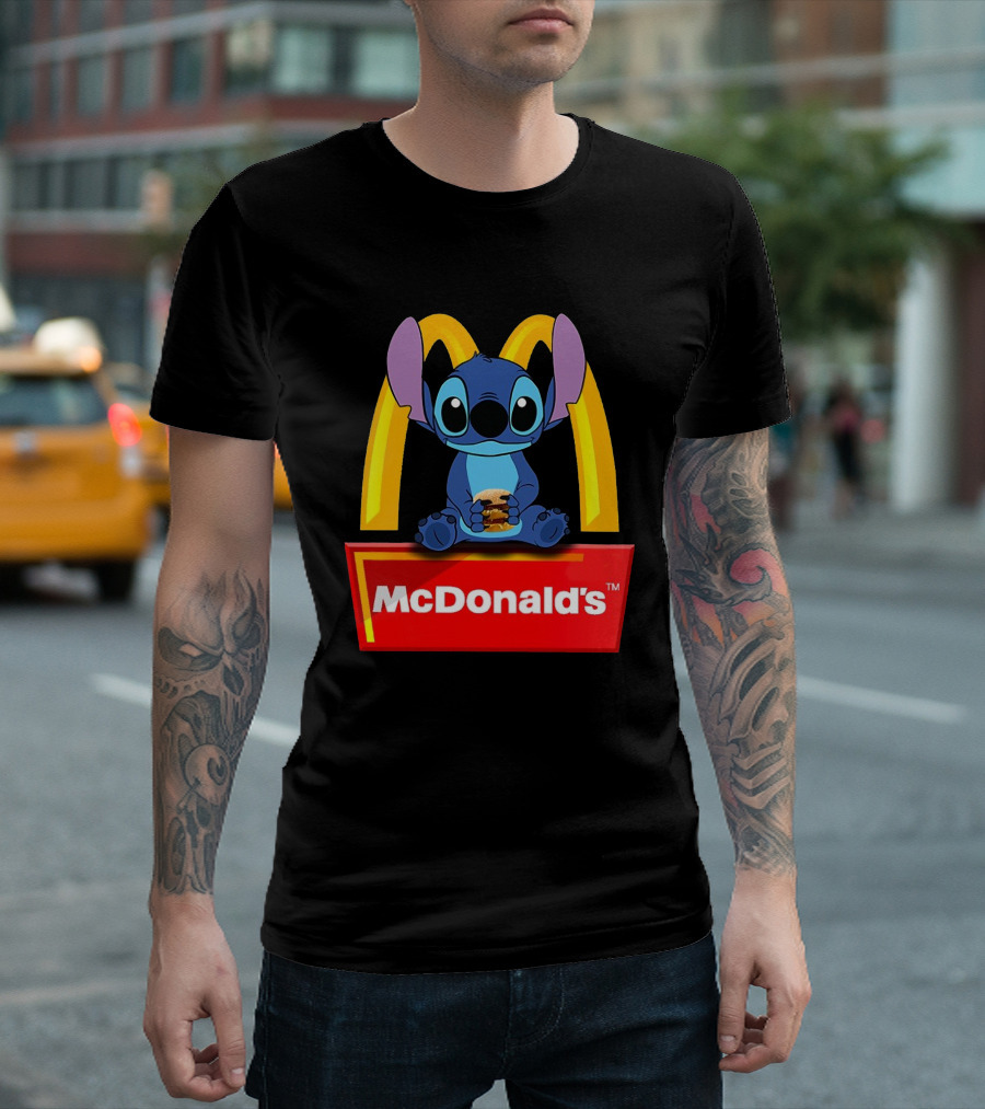 Baby Stitch Holding McDonald's Burger in Iconic T-Shirt