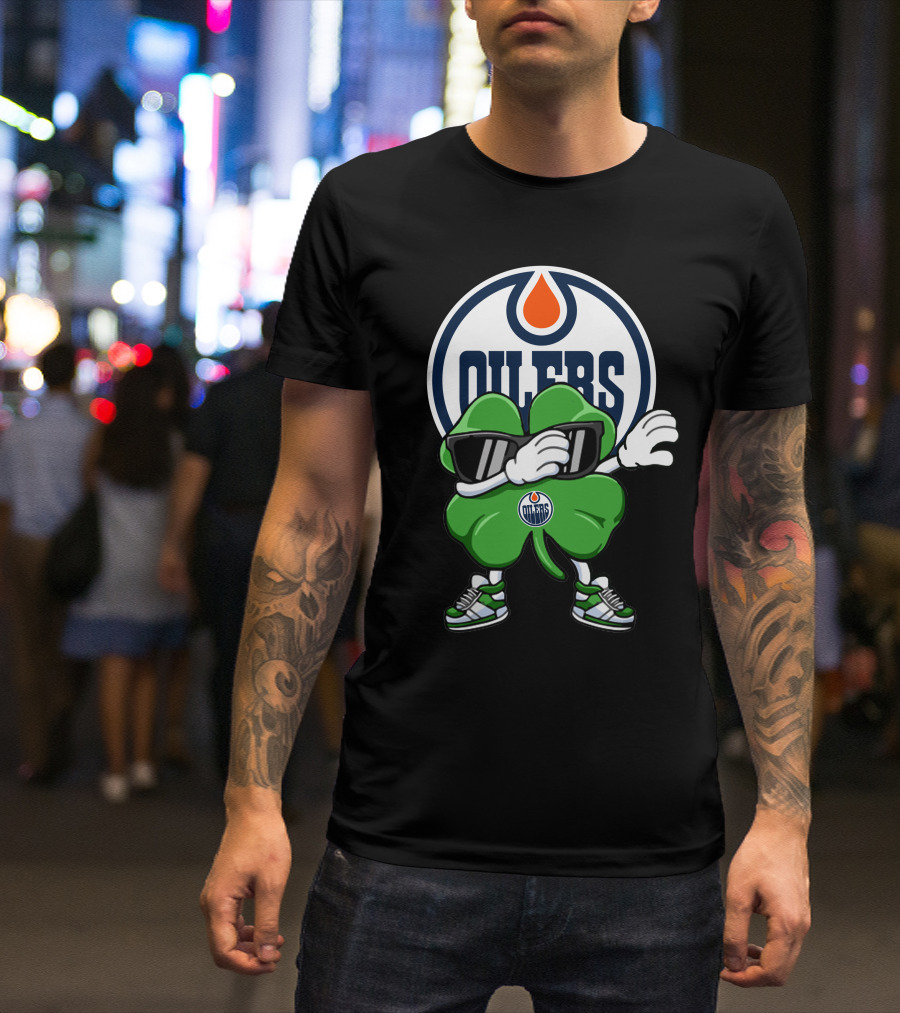 Edmonton Oilers Shamrock Character With Sunglasses And Sneakers T-Shirt