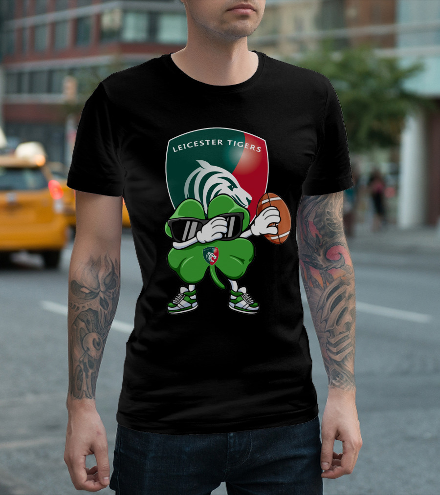 Leicester Tigers Shamrock Mascot Holding Rugby Ball T-Shirt