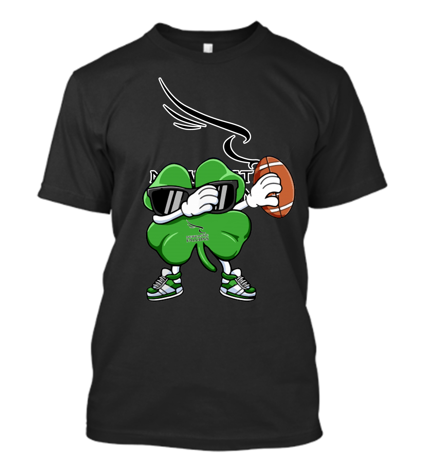 Newcastle Falcons Four Leaf Clover Character Holding Football T-Shirt