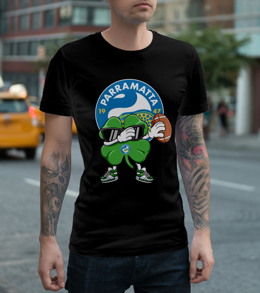Parramatta Eels 1947 Clover Mascot with Football and Sunglasses T-Shirt