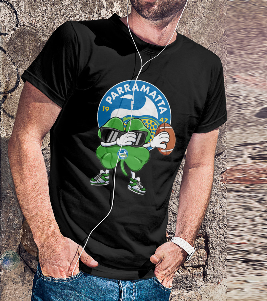 Parramatta Eels 1947 Clover Mascot With Football And Sunglasses T-Shirt