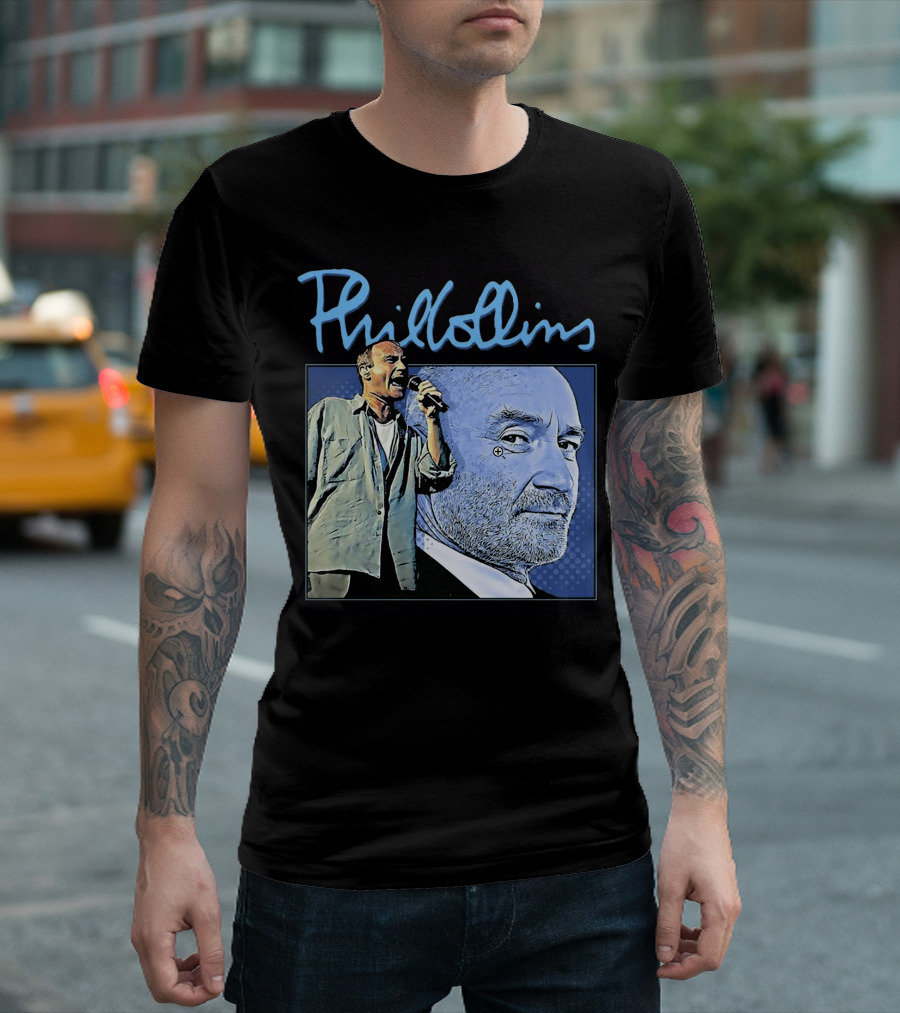 Phil Collins Blue Portrait with Microphone Performance T-Shirt