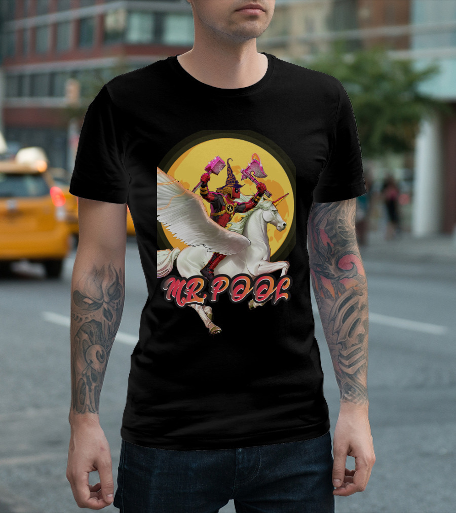 MR POOL Wizard on Unicorn with Pink Axes T-Shirt