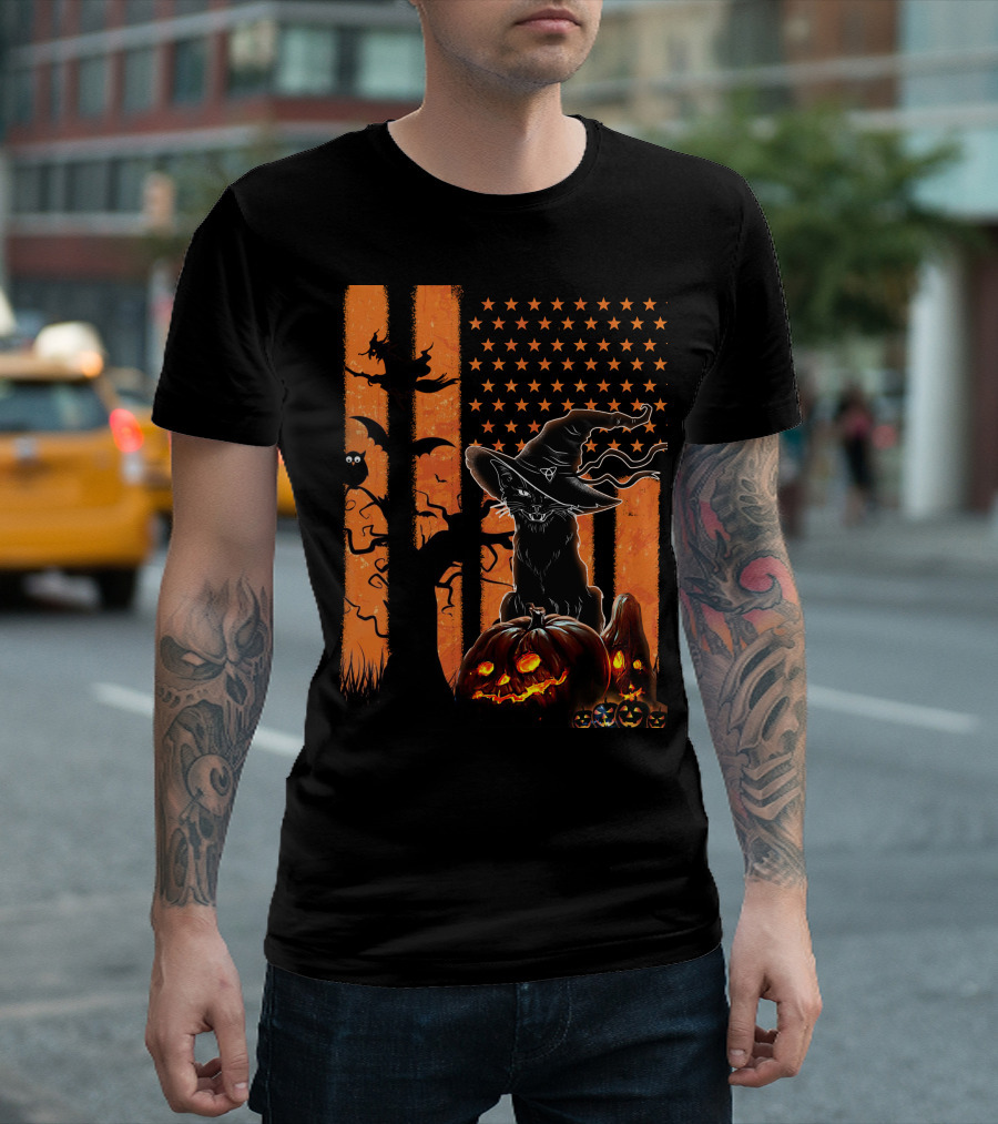 Halloween Black Cat Witch Hat Jack-O'-Lanterns and Stars on Orange Stripes T-Shirt
