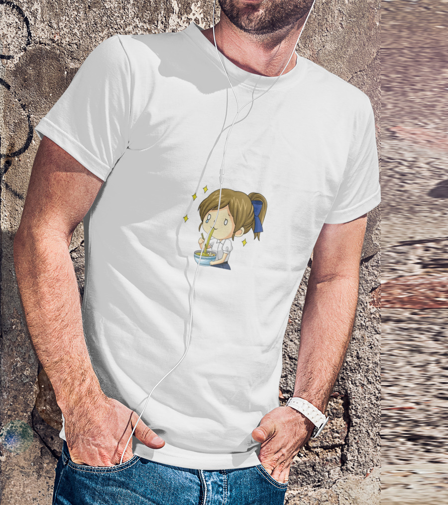 Onlywonderful Anime Girl Eating Ramen With Blue Bow And Sparkles T-Shirt