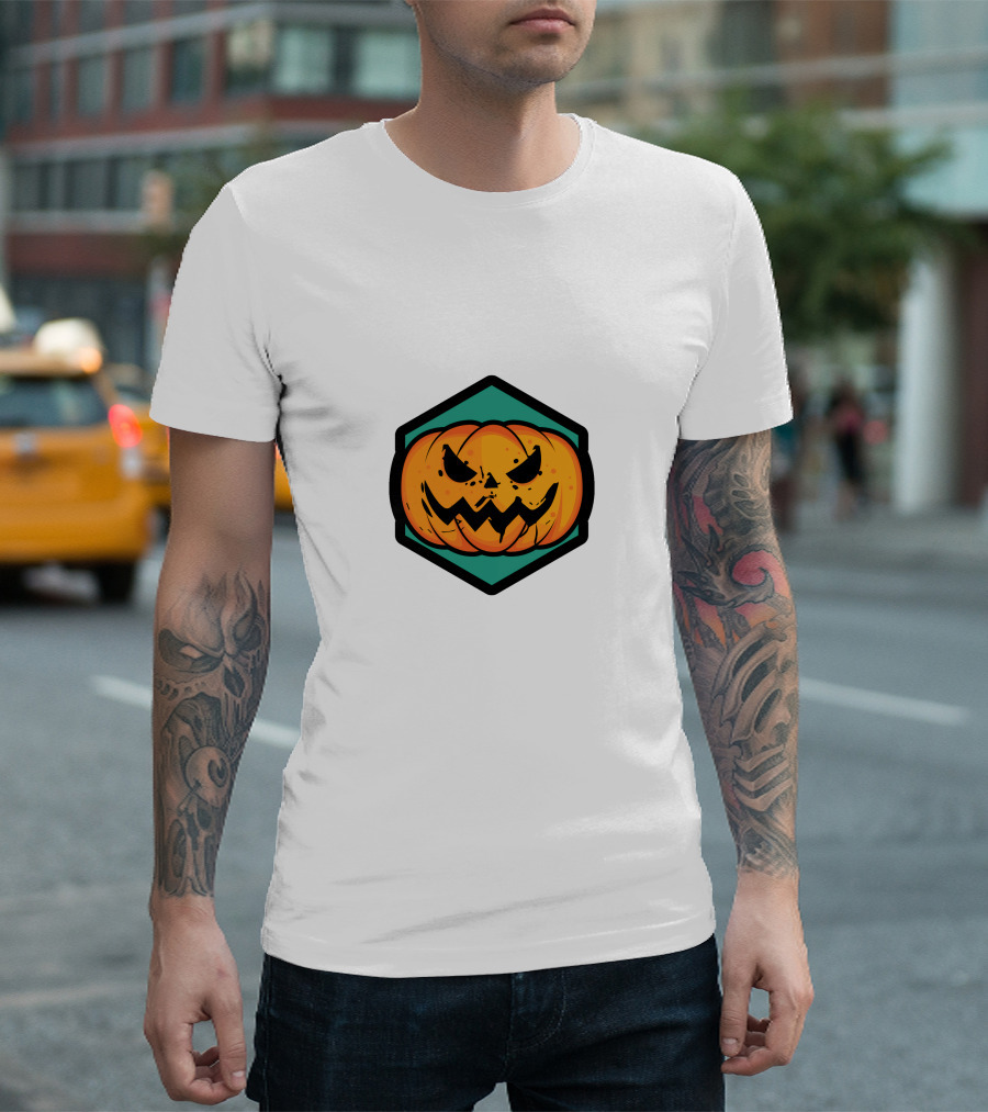 Jack-O'-Lantern Pumpkin Face Hexagon Badge T-Shirt