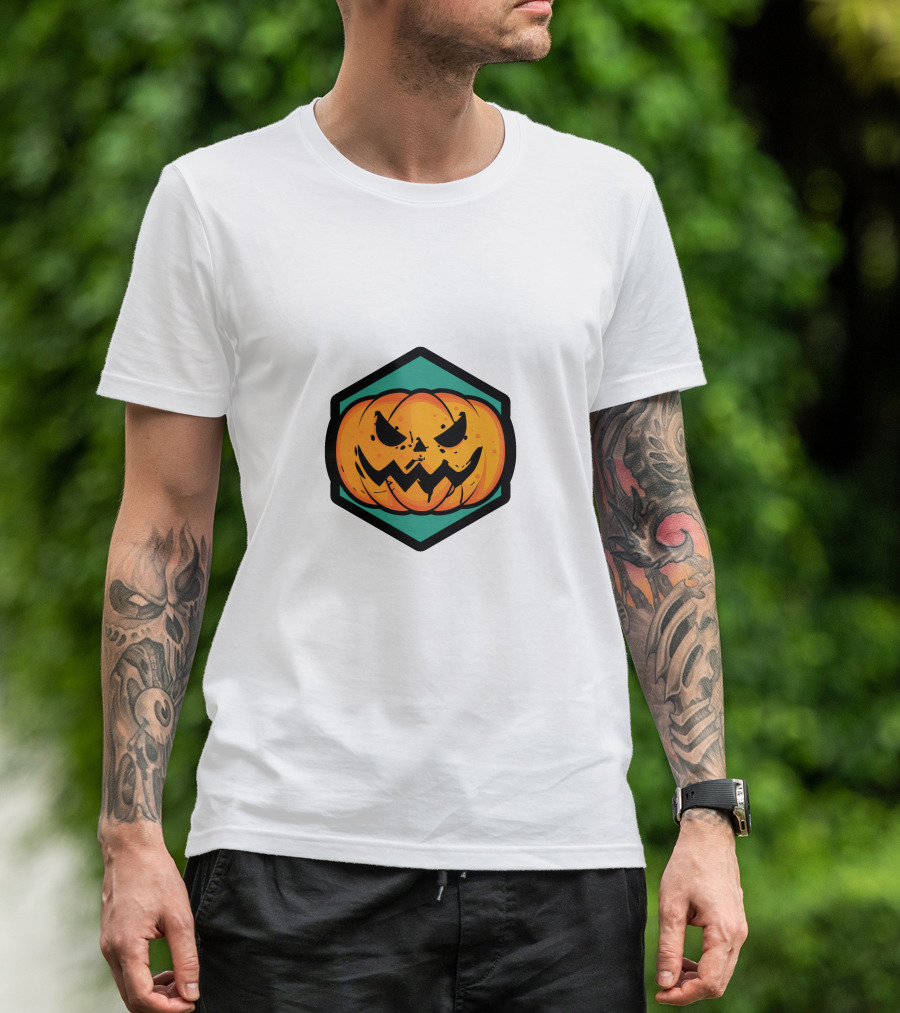 Jack-O'-Lantern Pumpkin Face Hexagon Badge T-Shirt