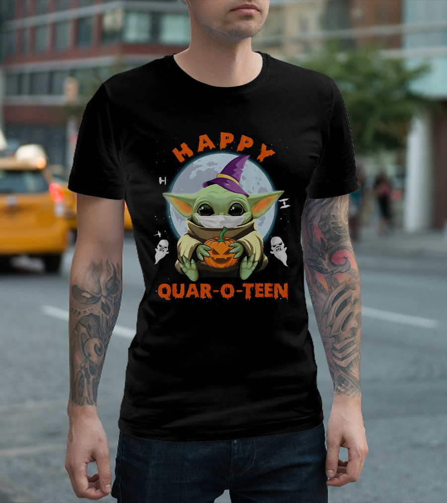 Happy Quar-O-Teen Baby Yoda With Pumpkin And Ghosts T-Shirt