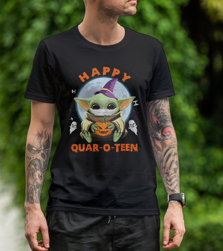 Happy Quar-O-Teen Baby Yoda With Pumpkin And Ghosts T-Shirt