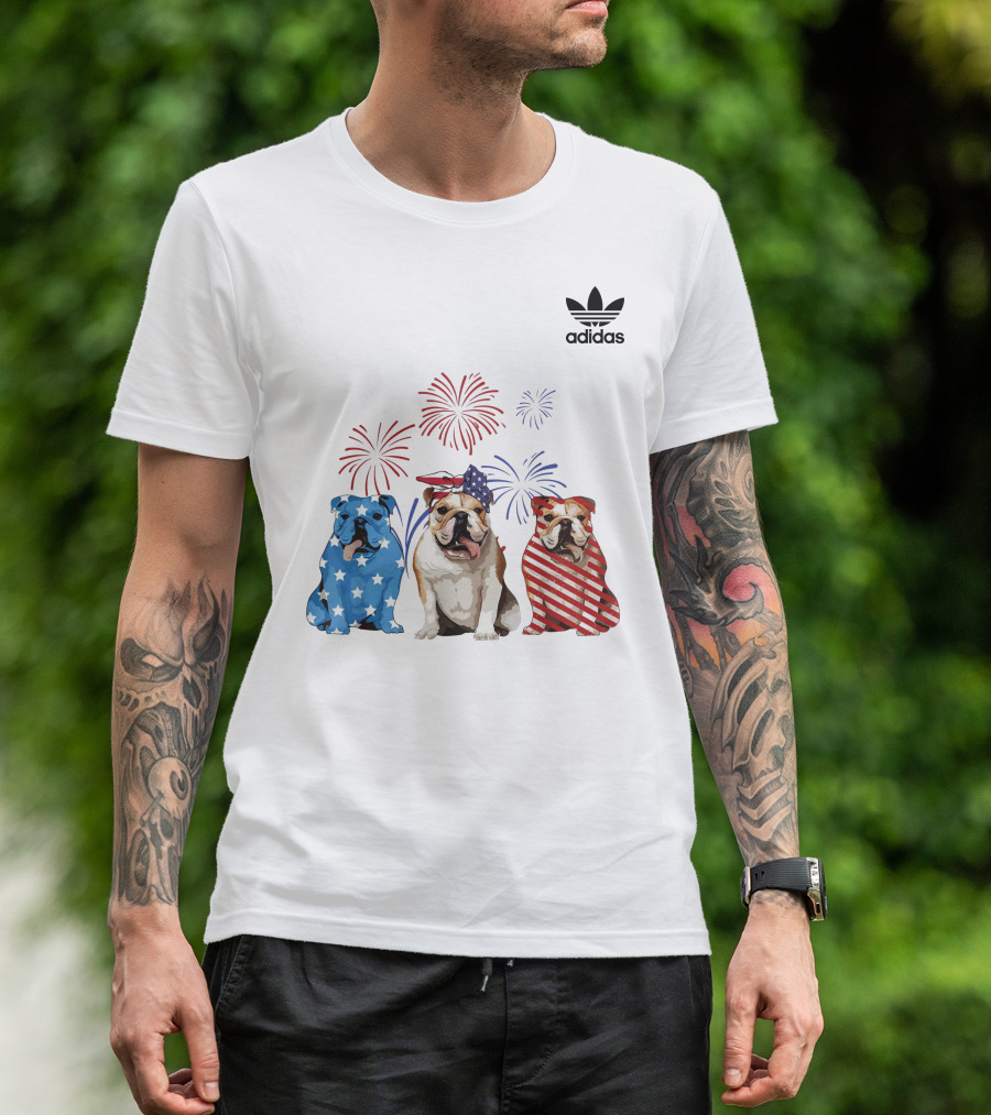 Red White Blue Bulldog USA Flag Firework 4th Of July T-Shirt