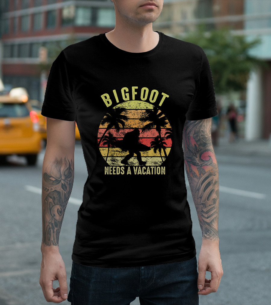 Bigfoot Needs A Vacation Retro Vintage Hawaiian Sunset T-Shirt